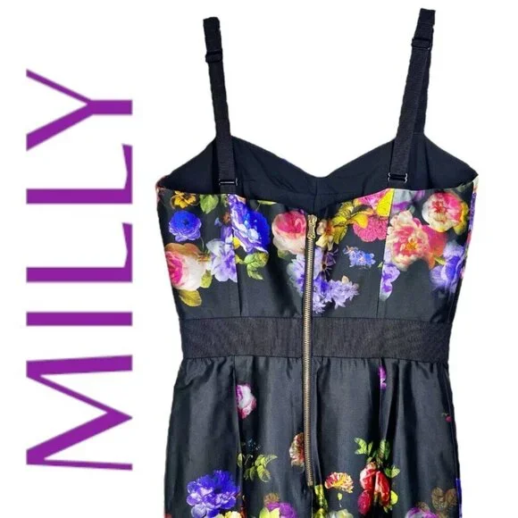 NWT MILLY Black Floral Print Strappy Bustier Sheath Square Neck Cocktail Dress 6